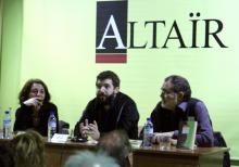 Presentació del llibre Un cor aixanti, amb la periodista Natàlia Ramon i l'editor Isidor Cònsul. Fotografia d'Estel Salomó.